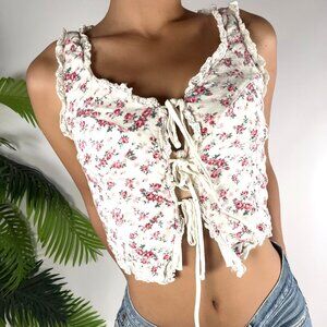 Kirious White Floral Lace-Up Cottagecore Coquette Sleevelesss Crop Top / XS